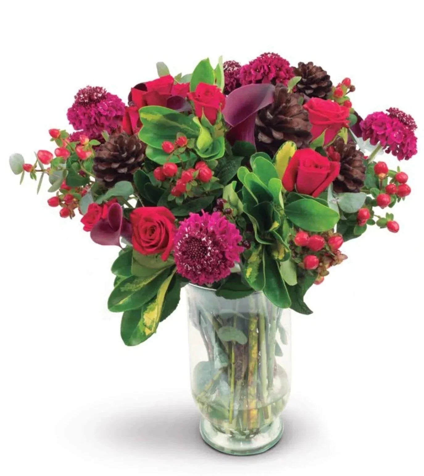 Fireplace Bouquet - vase of sweetheart red roses, stunning plum calla lilies, scabiosa, hypericum berries, pine cones and schefflera - christmas bouquet