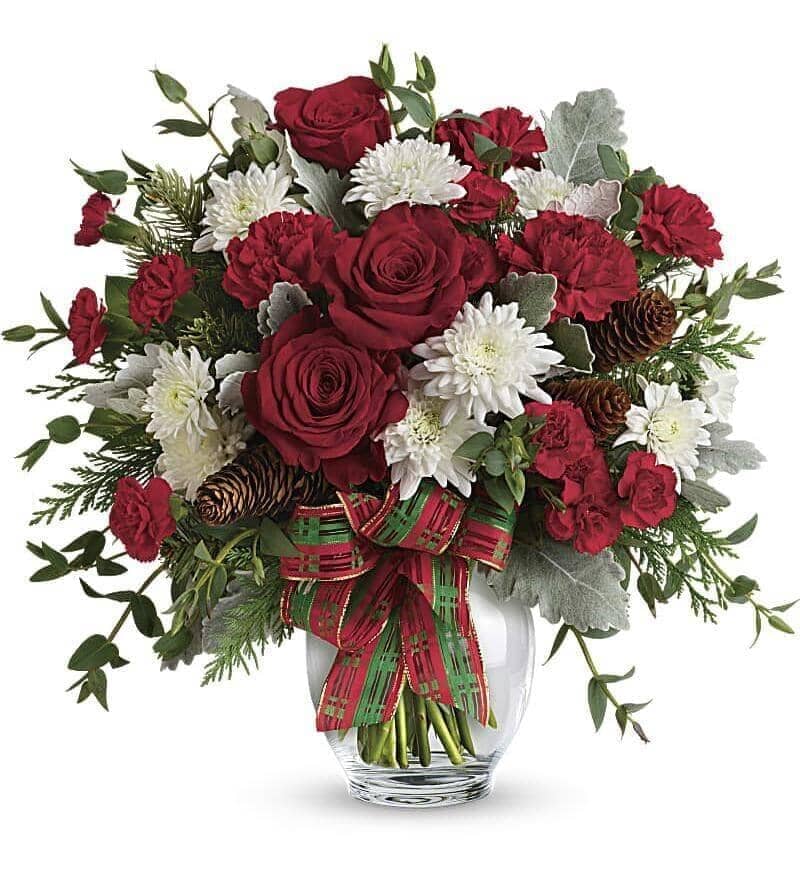 Holiday Shine Bouquet - pine cones, dusty miller, cedar, evergreens, Christmas bow,
