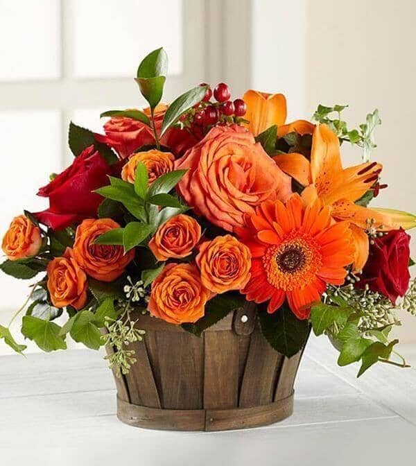 Natures Bounty Bouquet - orange gerberas, orange asiatic lilies, orange spray roses, seeded eucalyptus