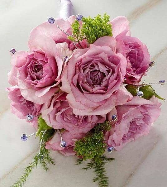 Rose Bloom Corsage - lavender spray roses , greens , amethyst rhinestones , corsage , wedding , prom , graduation