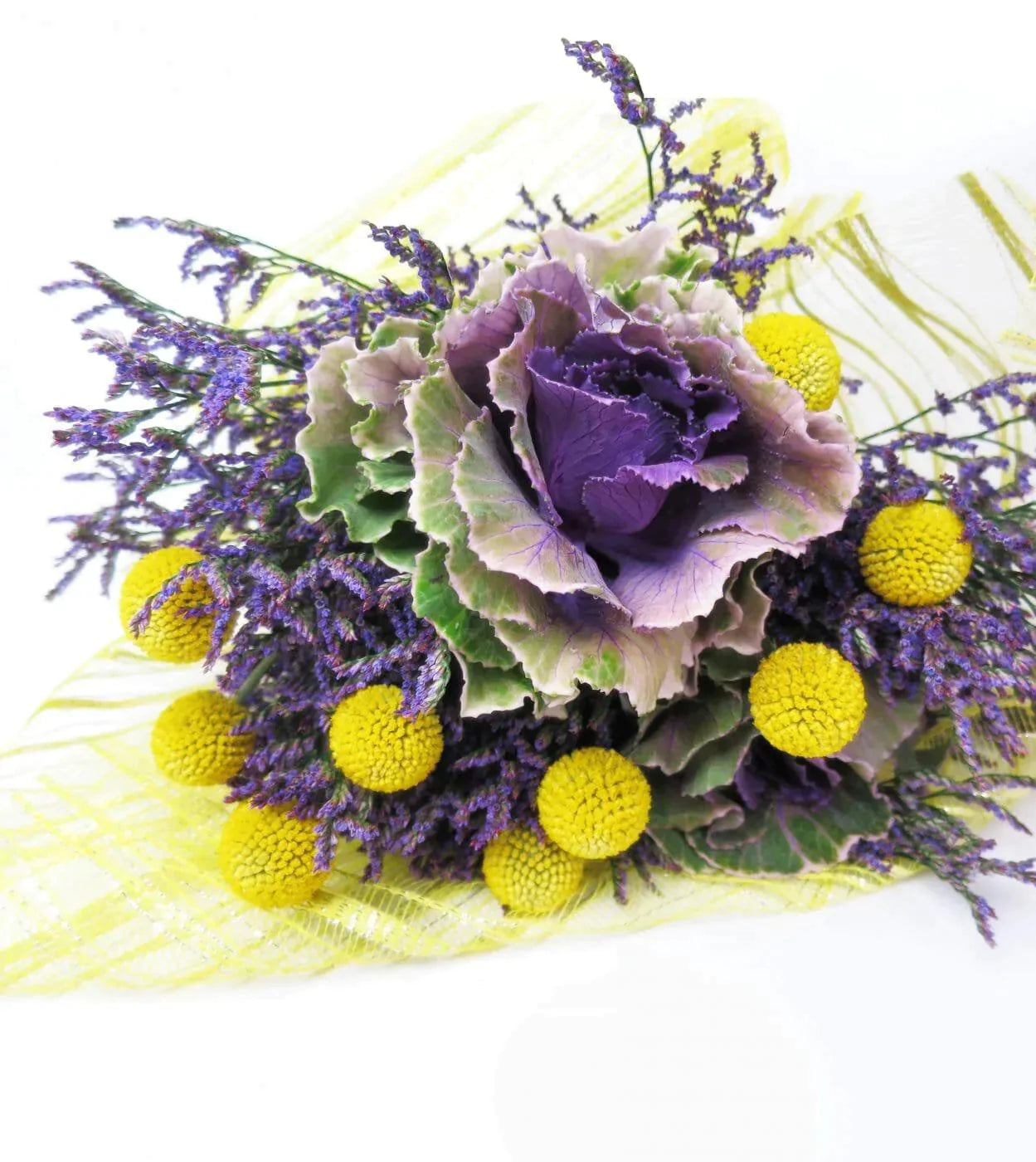 Sunlit Beauty™ Bouquet - featuring Deep purple kale and lavender limonium set an impressive background to yellow billy balls