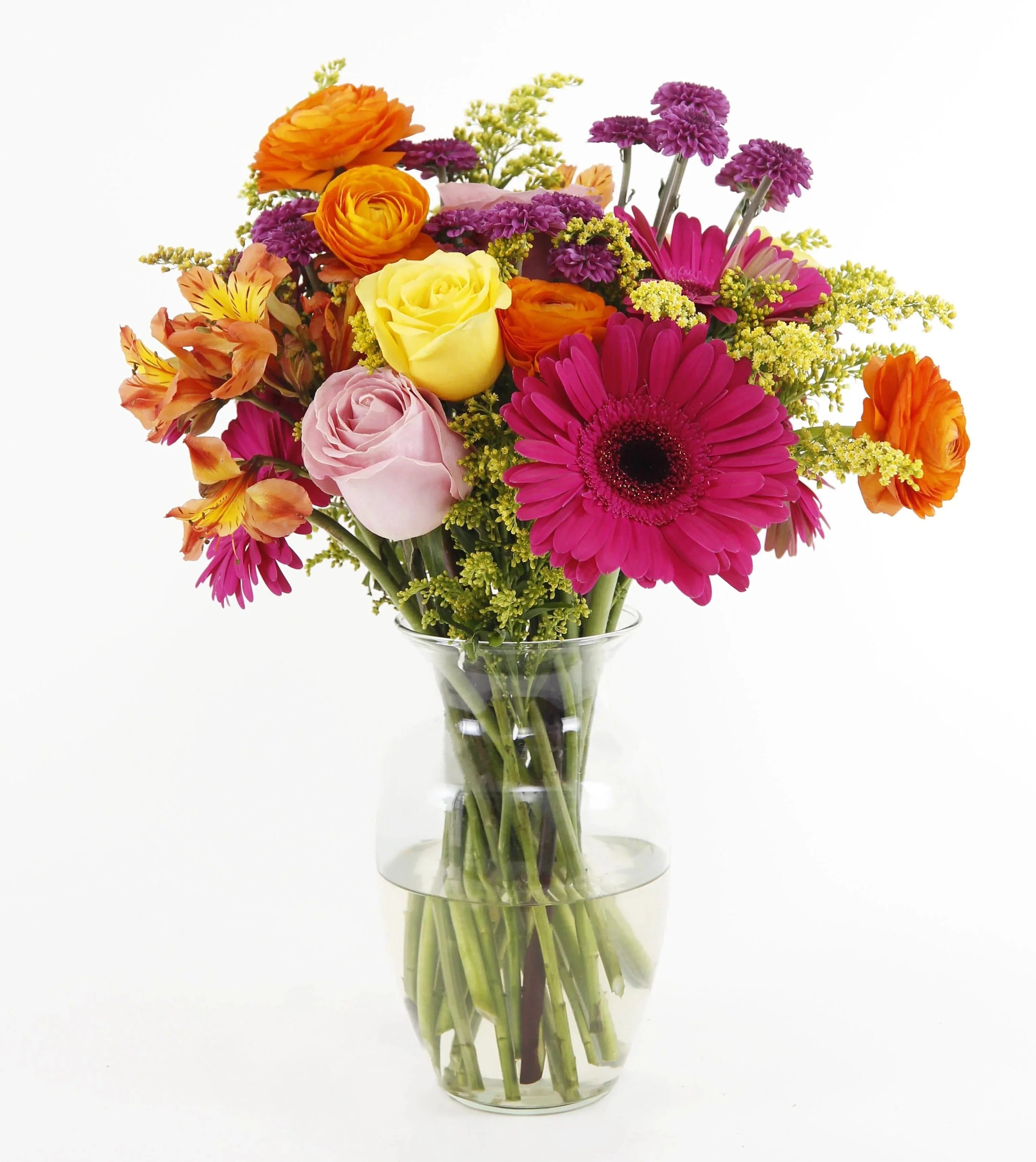 Amazing Mom Mother’s Day Bouquet Standard - Vase of pink mini gerbera daisies, orange ranunculus, yellow roses, pink roses, purple button poms, orange Peruvian Lilies, yellow solidago, and lush greens