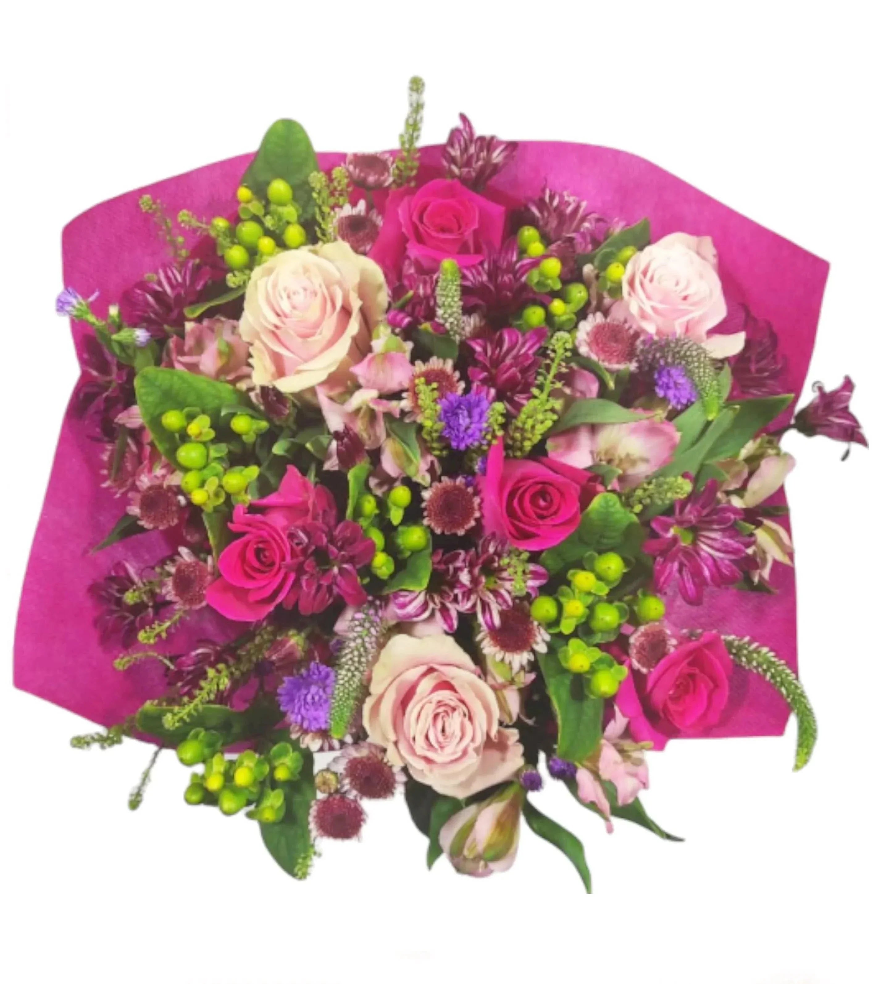 Flower Co.'s Beautiful Mom Bouquet is a sweet design comprised of hot and light pink roses, green hypericum, purple chrysanthemums and veronicas, accented by premium fillers and foliage.
