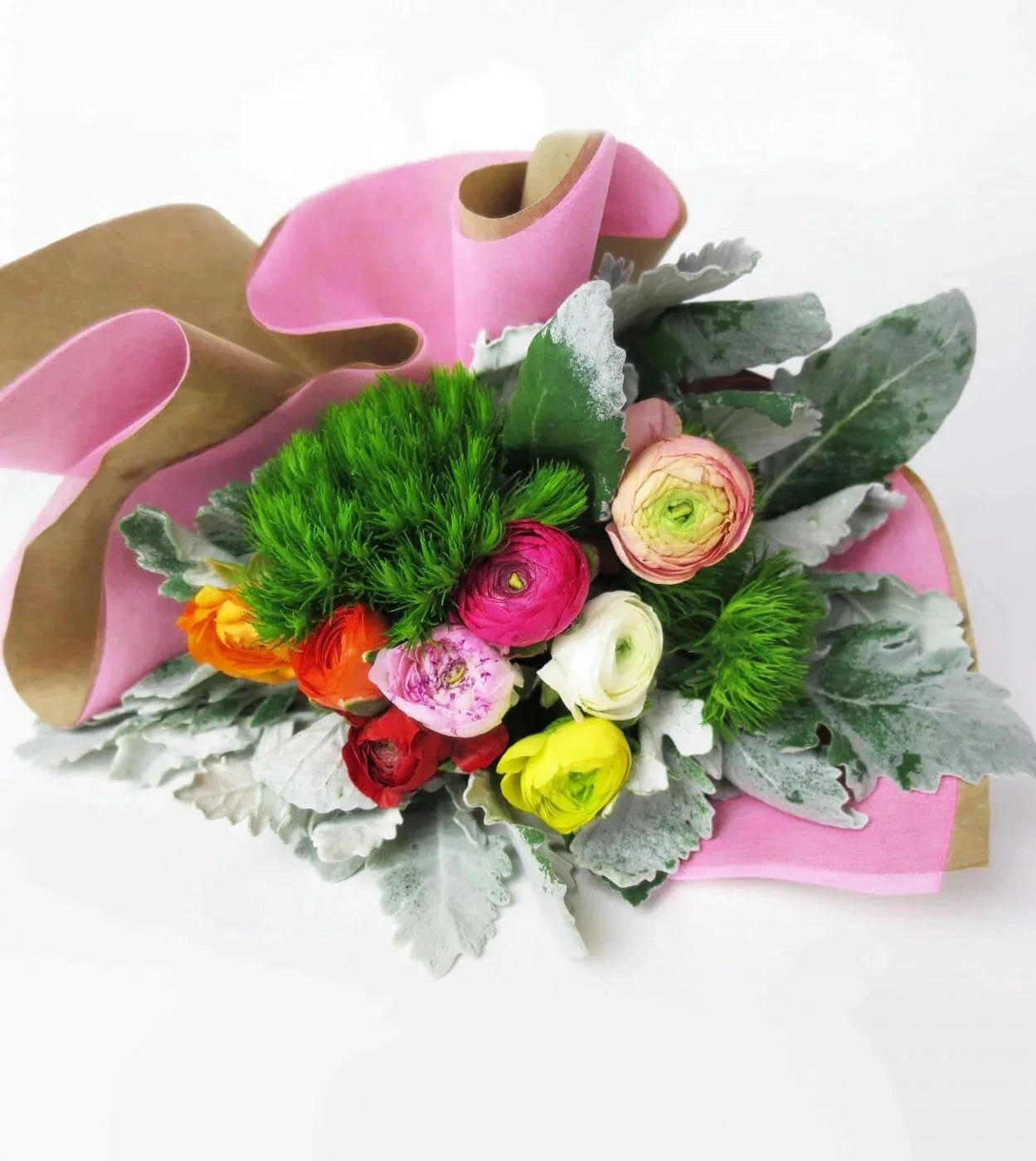 Bubblegum Hues™ Bouquet - Bright Ranunculus becomes even more vibrant with green dianthus and dusty miller