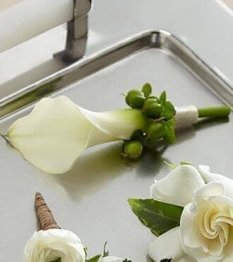 calla lily boutonniere - white calla lilies , white callas , green berries , boutonniere , wedding , prom , graduation