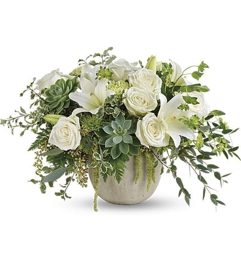 Flourishing Beauty Bouquet - White Asiatic Lilies , Succulents , white roses , Parvifolia , Hanging Amaranthus , pittosporum tenuifolium , seeded eucalyptus , green cushion mums , green carnations