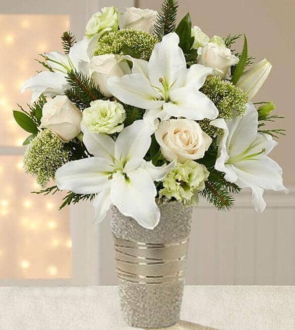 Holiday-Glamour-Rose-Lily - white roses , white lilies , white lisianthus , white trachelium , vase arrangement