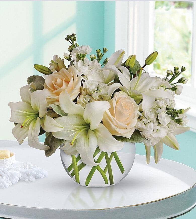 Isle of White - Rose, Lily and Dusty Miller Arrangement