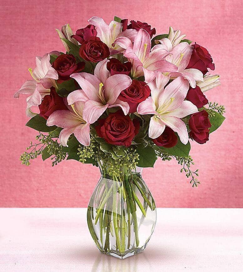 Lavish Love Bouquet - pink lilies, red spray roses , seeded eucalyptus , vase arrangement