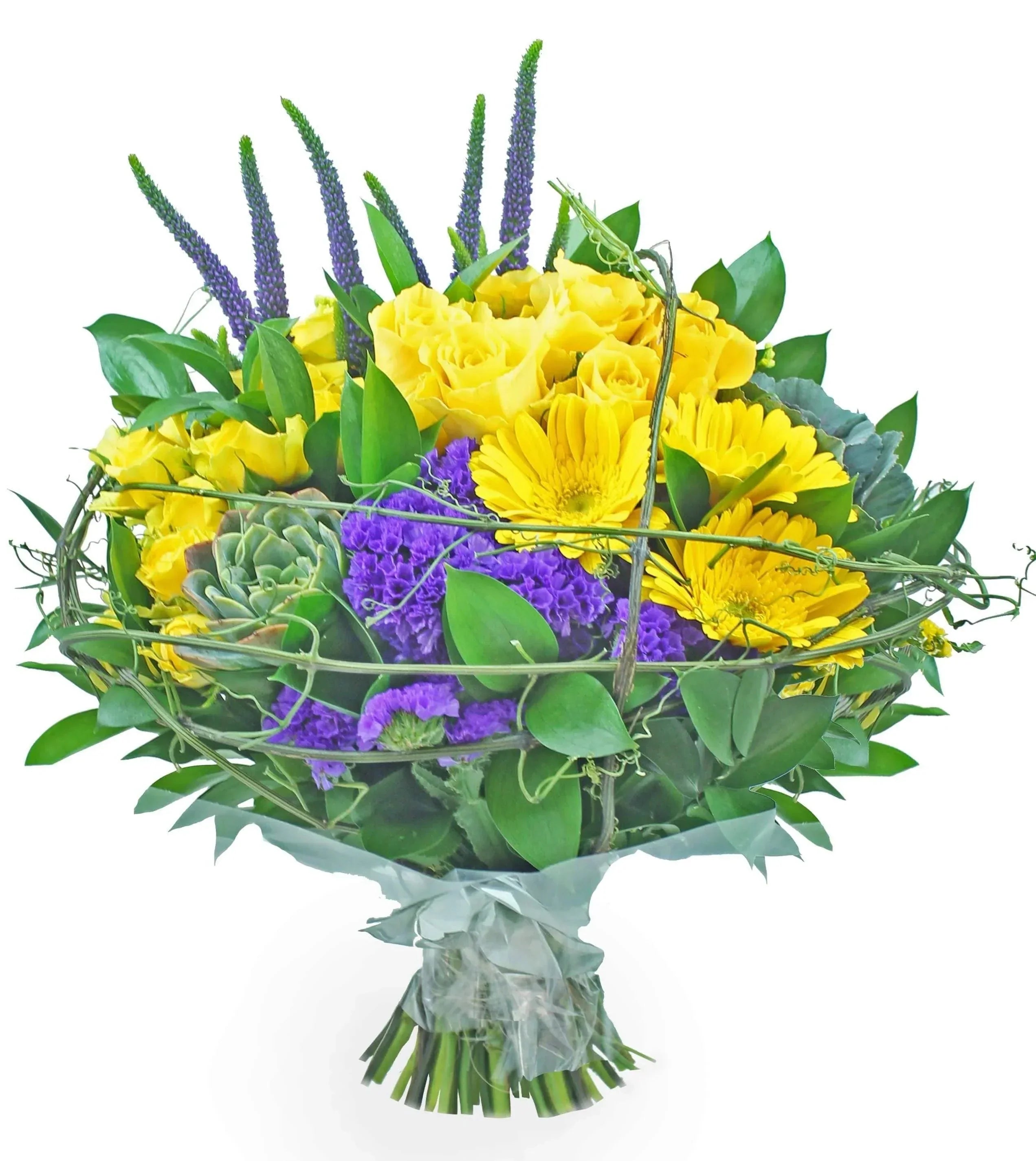 Yellow and purple mixed bouquet with premium roses, spray roses, solidago, veronicas, geberas, succulents, kale, ruscus and sinensis.