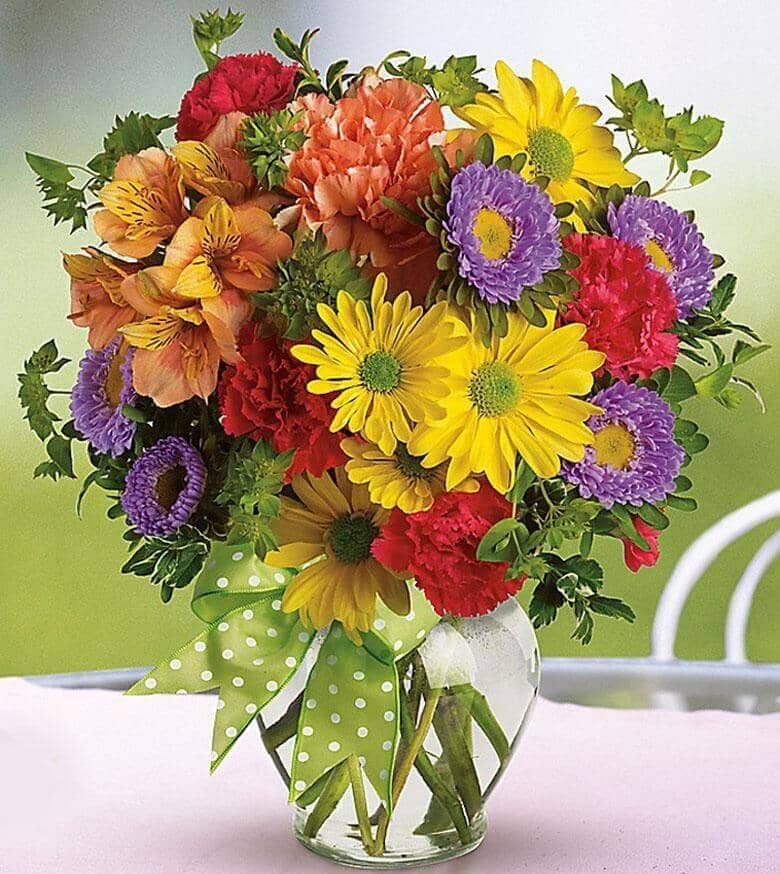 make a wish - yellow daisies , yellow spray chrysanthemums , purple matsumoto asters , red mini carnations , orange carnations , alstroemeria , bupleurum , ribbon , vase arrangement