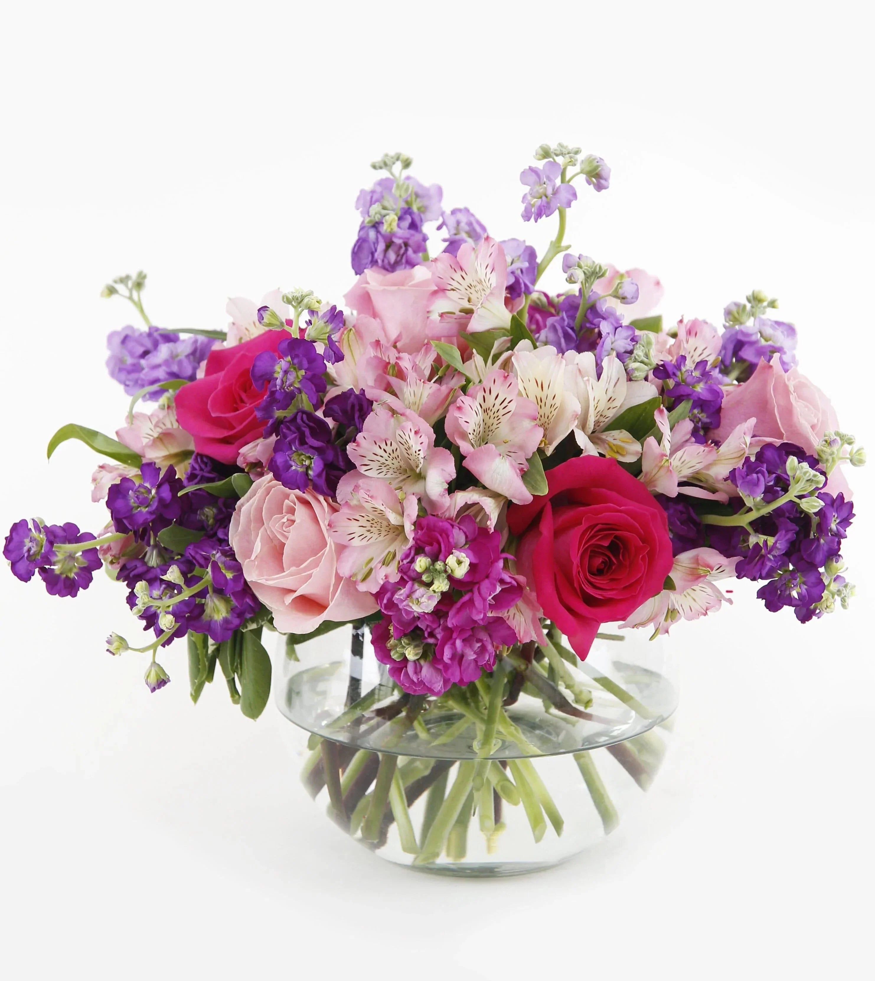 Tranquil Bouquet Fuller - hot pink roses , pink roses , purple stock , lavender stock , fuchsia stock , pink lilies , vase arrangement