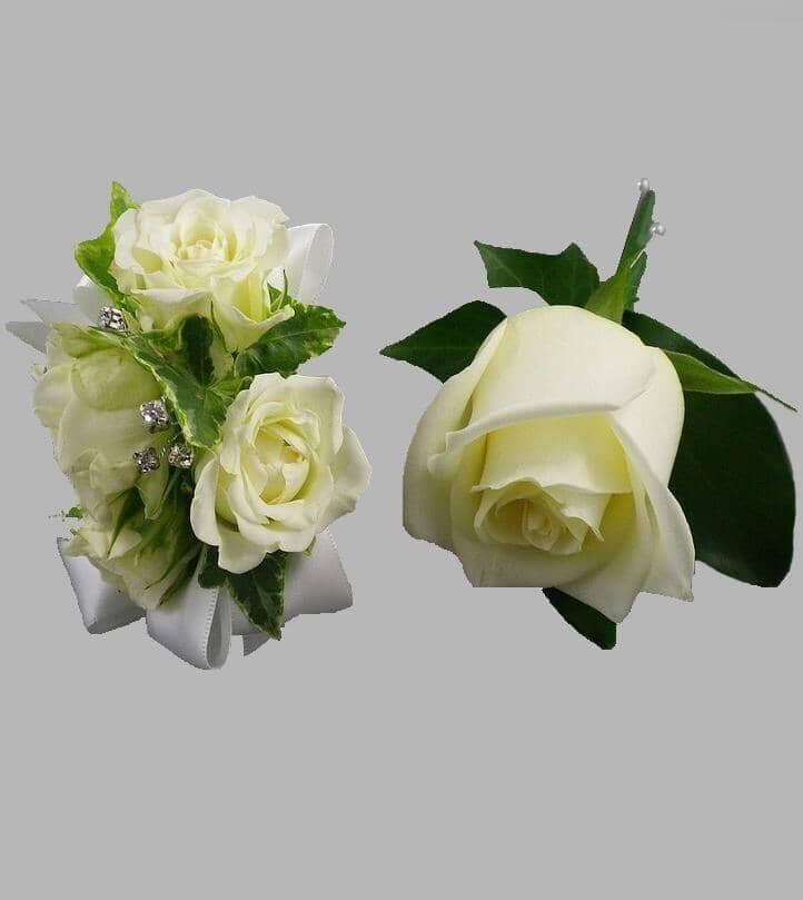 White Rose Corsage and Boutonniere - white rose , white spray rose , boutonniere , corsage , wedding , prom, graduation